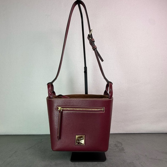 Dooney and Bourke Drawstring Bucket Handbag in Burgundy with Cinch Closure - Picture 1 of 13